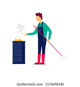 Man holds a rake, burns a garbage, autumn. Flat