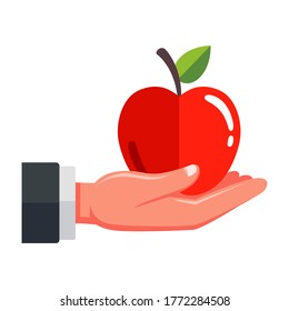 un hombre sostiene una manzana roja en la mano sobre un fondo blanco. ilustración vectorial plana.