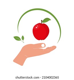 Man holds a red apple in his hand. The concept of healthy nutrition. Nature protection. Isolated on white background