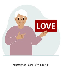 Un hombre sostiene una pancarta roja con el amor del texto. El concepto de día de San Valentín, vacaciones o ayuda psicológica. Ilustración plana del vector