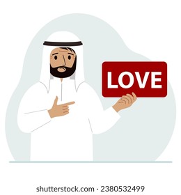 A man holds a red banner with the text love. The concept of valentine's day, holiday or psychological help.