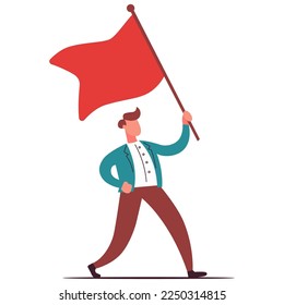 a man holds a red flag in his hand and goes to protest. flat vector illustration.