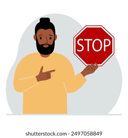A man holds a red stop sign in his hand. Vector flat illustration