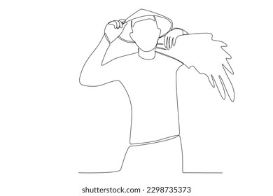 A man holds a rice harvest on his shoulder. Farmer one-line drawing