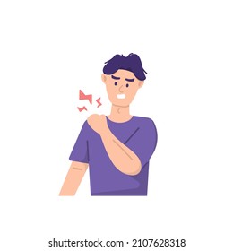 a man holds the right shoulder because he feels pain. shoulder disease, muscle pain, shoulder injury. the expression on the face of the person who was enduring the pain. health problems. flat style