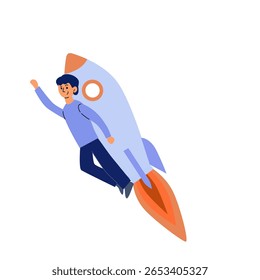 a man holds a rocket and flies up, carries it on himself. The concept of starting a business, acceleration - accelerating the launch of a startup.