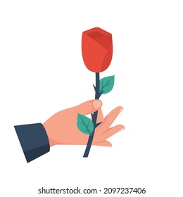 Man holds a rose in hand. Red rose icon. Valentine greeting card. Vector illustration flat design style. Give flowers. Make a gift.