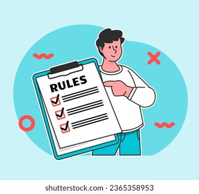 A man holds a rules board