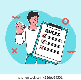A man holds a rules board