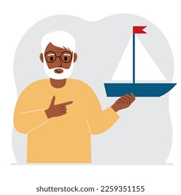 A man holds a sailing yacht in his hand. Concepts of freedom, hope and big plans. Hobby, sport or business. Vector flat illustration