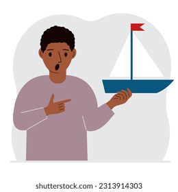 A man holds a sailing yacht in his hand. Concepts of freedom, hope and big plans. Hobby, sport or business. Vector flat illustration