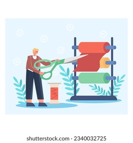 Man holds scissors and cuts off piece of fabric to sew product. Selection of fabrics for tailoring clothes. Work of seamstress in sewing shop. Flat vector illustration in cartoon style