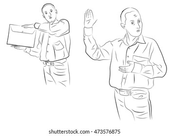 A man holds a sheet of paper or a box of papers. Pencil drawing