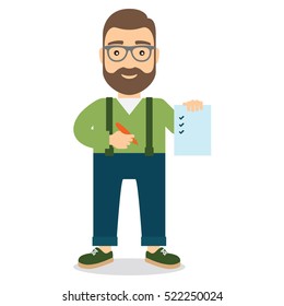 Man holds sheet of paper with list and pen in hand. Flat style vector illustration.