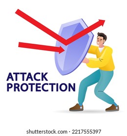 Man holds a shield defending from attacks. Attack protection. Reflection impact. Series of successful business people. businessman use shield parry red arrow attack. Vector illustration flat design.