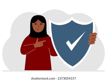 A man holds a shield in his hand, a symbol of insurance. Vector