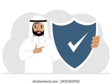A man holds a shield in his hand, a symbol of insurance. Vector