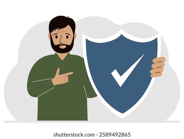 A man holds a shield in his hand, a symbol of insurance. Vector flat illustration