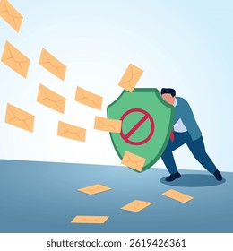A man holds a shield protecting him from thousands of incoming emails. A metaphorical illustration for spam protection, fake emails and cyber security.