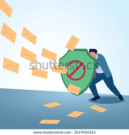 A man holds a shield protecting him from thousands of incoming emails. A metaphorical illustration for spam protection, fake emails and cyber security.