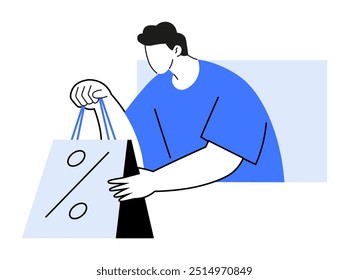 Man holds shopping bag with a percentage sign, symbolizing a sale or discount. Ideal for retail promotions, marketing campaigns, e-commerce, shopping events, seasonal sales. Minimal line art style.