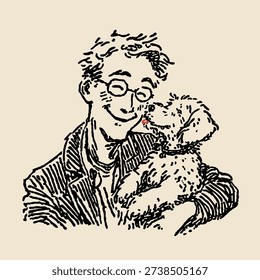 A man holds a small dog in his arms while they share a happy moment. The dog licks the man's face.
