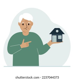 A man holds a small house in his palm. Concepts of inheritance, real estate transfer, mortgage, credit, loan or house purchase. Vector flat illustration