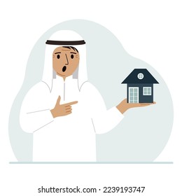 A man holds a small house in his palm. Concepts of inheritance, real estate transfer, mortgage, credit, loan or house purchase. Vector flat illustration