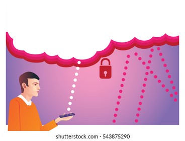 Man holds smart phone with cloud security concept 