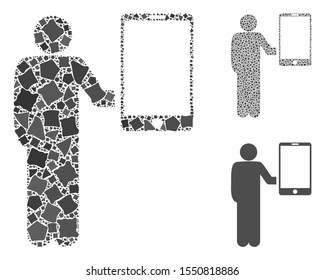 Man holds smartphone composition of inequal parts in various sizes and color tints, based on man holds smartphone icon. Vector irregular parts are combined into composition.