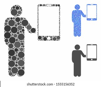 Man holds smartphone composition of round dots in variable sizes and shades, based on man holds smartphone icon. Vector round dots are organized into blue composition.