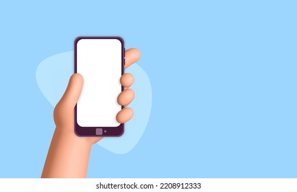 Hombre sostiene un smartphone con diseño de banner web de simulación de pantalla blanca vacía. Red social, aplicación móvil, medios sociales, marketing digital y concepto de publicidad.