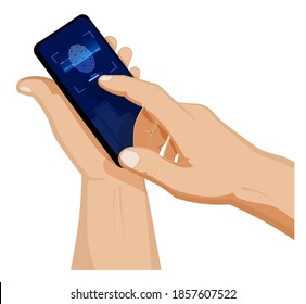 man holds smartphone with fingerprint scanner in his hand. Scanning person fingerprint for mobile identification app. Search devices for scanning data. Vector