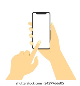 A man holds a smartphone in his hand and presses the phone screen with his index finger