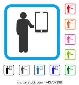 Man Holds Smartphone icon. Flat grey pictogram symbol in a blue rounded square. Black, gray, green, blue, red, orange color additional versions of Man Holds Smartphone vector.