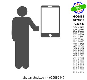 Man Holds Smartphone icon with mobile device glyph clip art. Vector illustration style is a flat iconic symbol, gray colors. Designed for web and software interfaces.