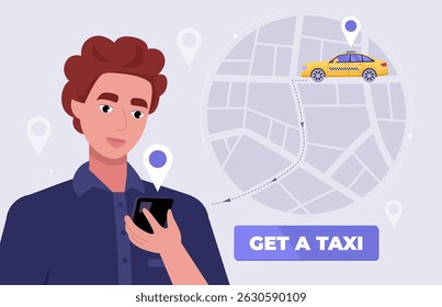 Man holds  a smartphone, looks at a map and calls a taxi. The map shows a yellow taxi on the right side of the screen. Vector illustration in a flat style