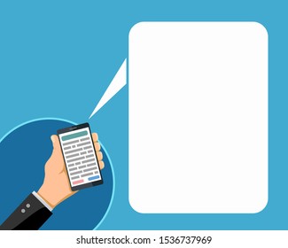 Man holds a smartphone with speech bubble chat on the screen. Vector flat graphics background