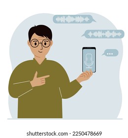 A man holds a smartphone using a voice assistant application. Voice recognition concept. Smart speaker applications, office controller, hands-free phone calls, voice command software. Vector flat illu