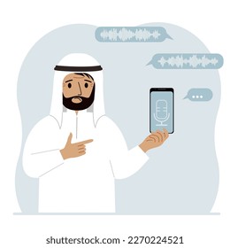 A man holds a smartphone using a voice assistant application. Voice recognition concept. Smart speaker applications, office controller, hands-free phone calls, voice command software. Vector flat illu