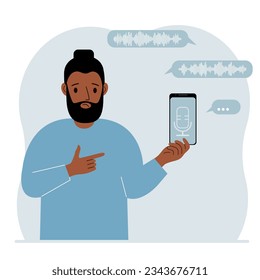 A man holds a smartphone using a voice assistant application. Voice recognition concept. Smart speaker applications, office controller, hands-free phone calls, voice command software.