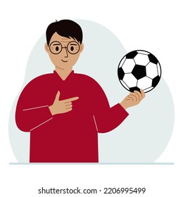 A man holds a soccer ball in his hand. The concept of a player, fan or coach. Vector flat illustration