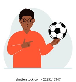 A man holds a soccer ball in his hand. The concept of a player, fan or coach. Vector flat illustration