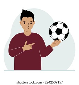 A man holds a soccer ball in his hand. The concept of a player, fan or coach. Vector flat illustration