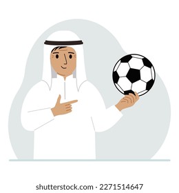 A man holds a soccer ball in his hand. The concept of a player, fan or coach. Vector flat illustration