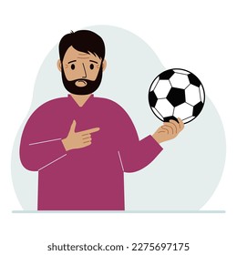 A man holds a soccer ball in his hand. The concept of a player, fan or coach. Vector flat illustration
