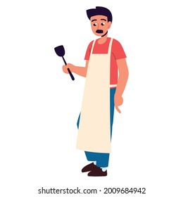 man holds spatula with apron