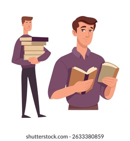 A man holds a stack of books. Flat vector clipart, illustration with isolated background.