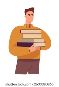 A man holds a stack of books. Flat vector clipart, illustration with isolated background.