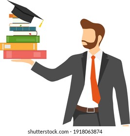A man holds a stack of books in his palm. The concept of getting a good education. Vector illustration. Vector.